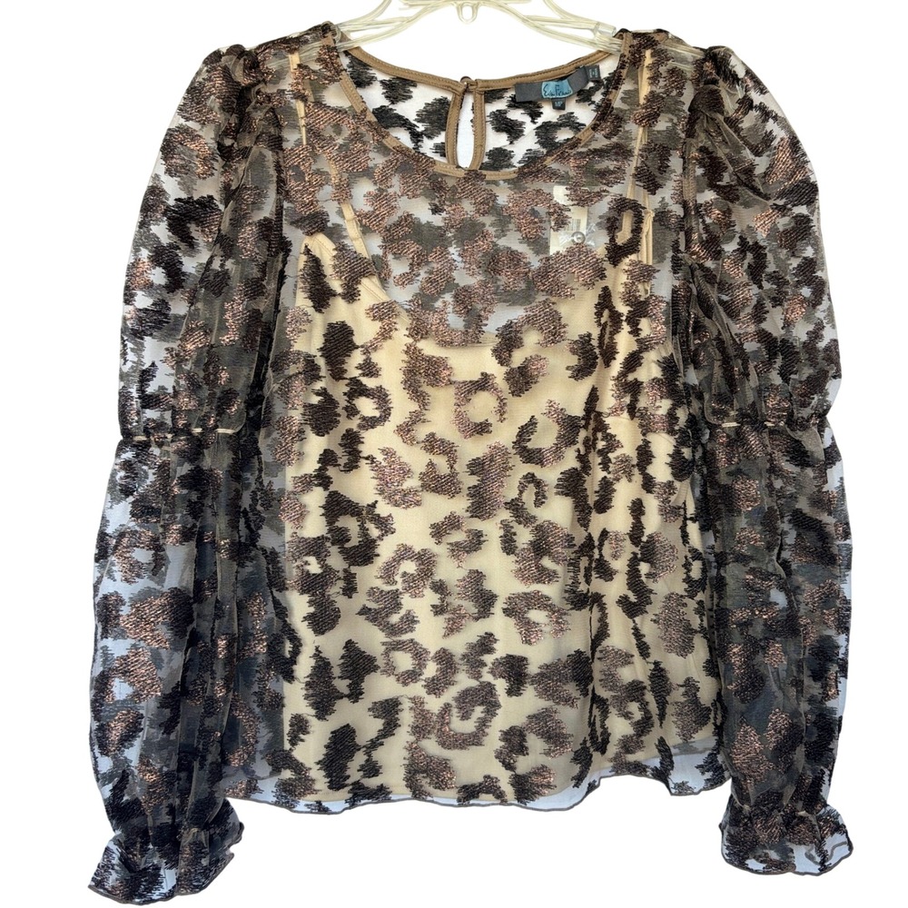 Eva Franco Leopard Mesh Puff Sleeve Top Womens Medium Sheer Statement Blouse - Picture 1 of 16